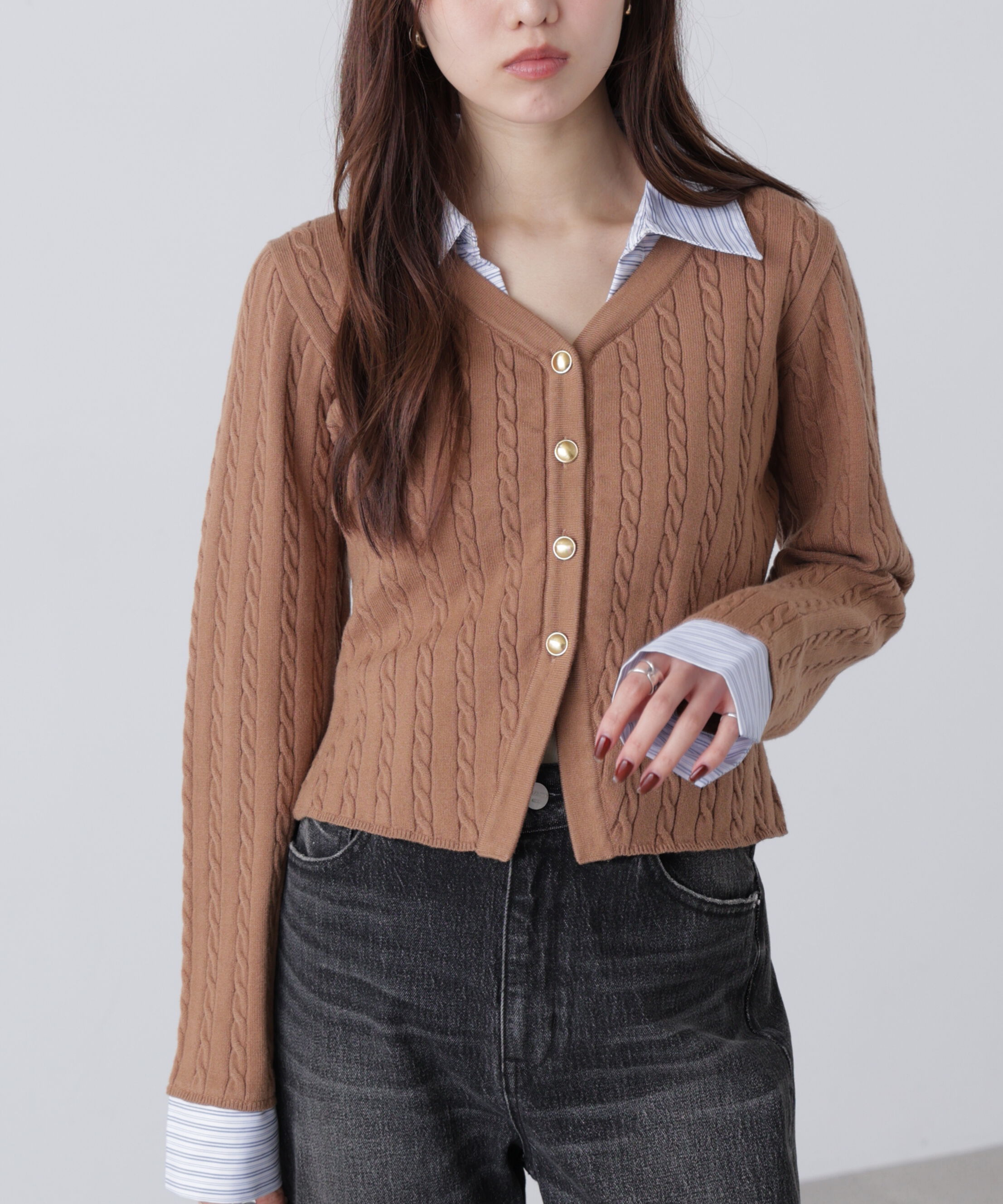  「シャツレイヤードゴールドボタンニット」|ニット・セーター|