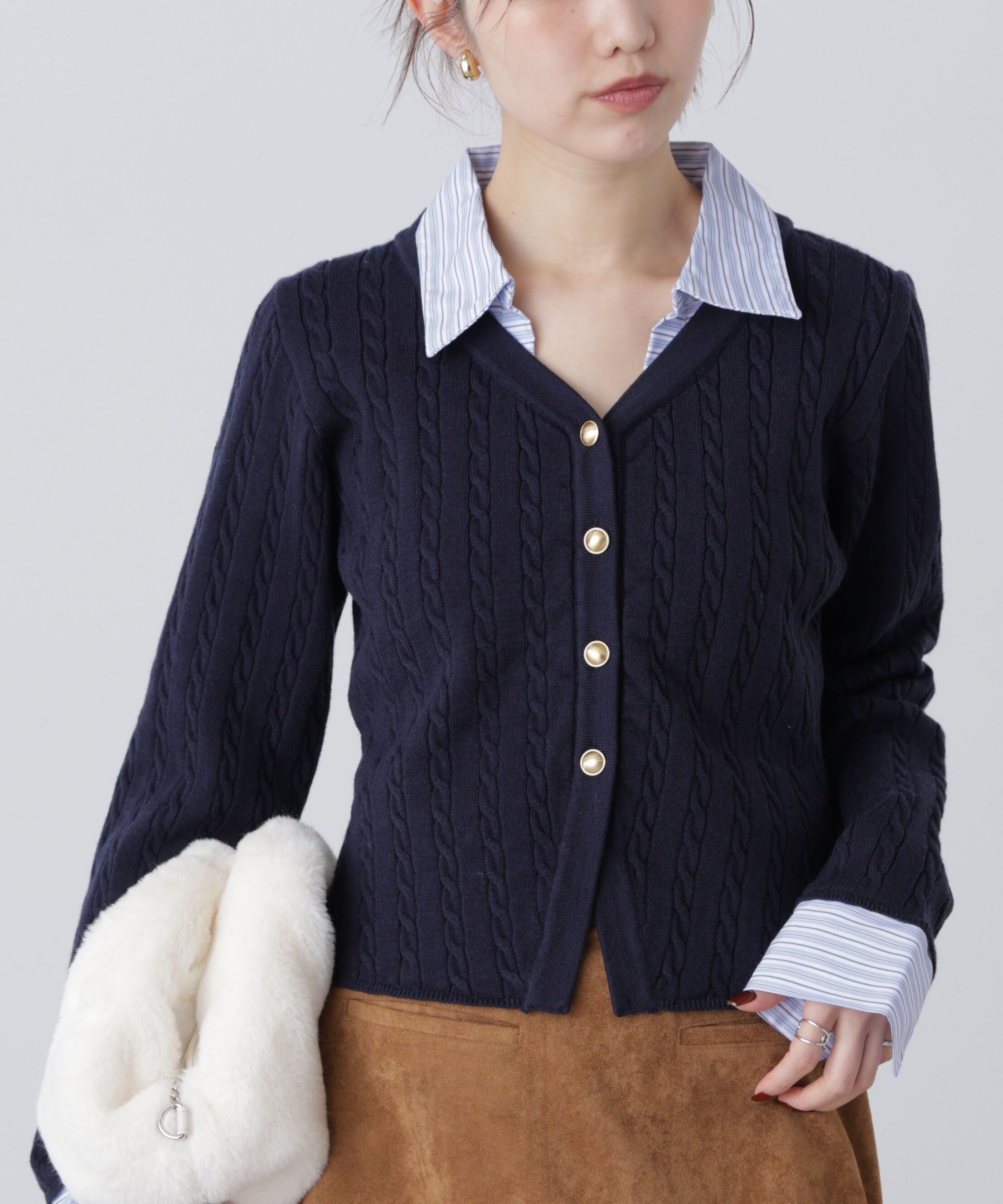 「シャツレイヤードゴールドボタンニット」|ニット・セーター|ネイビー