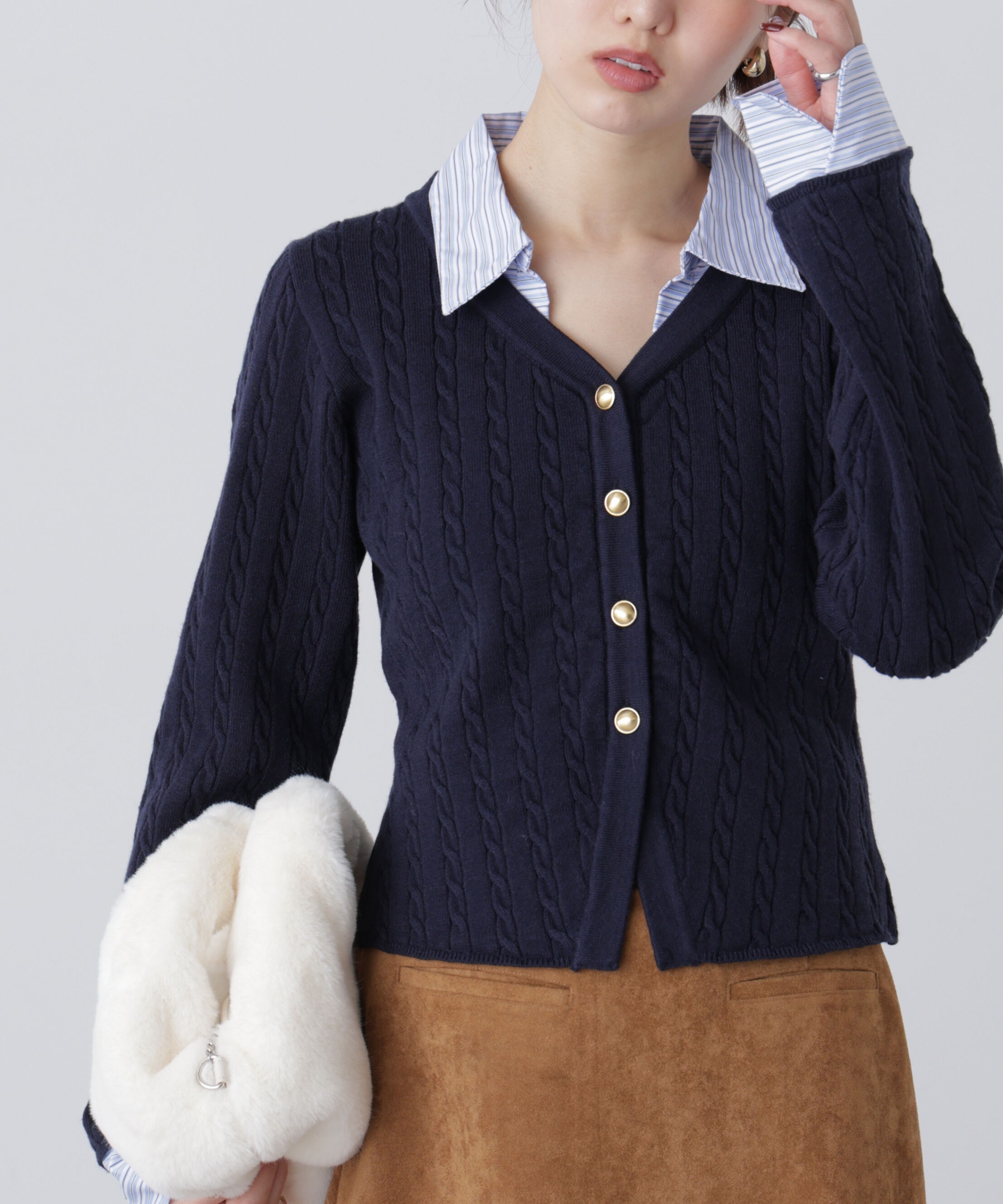  「シャツレイヤードゴールドボタンニット」|ニット・セーター|