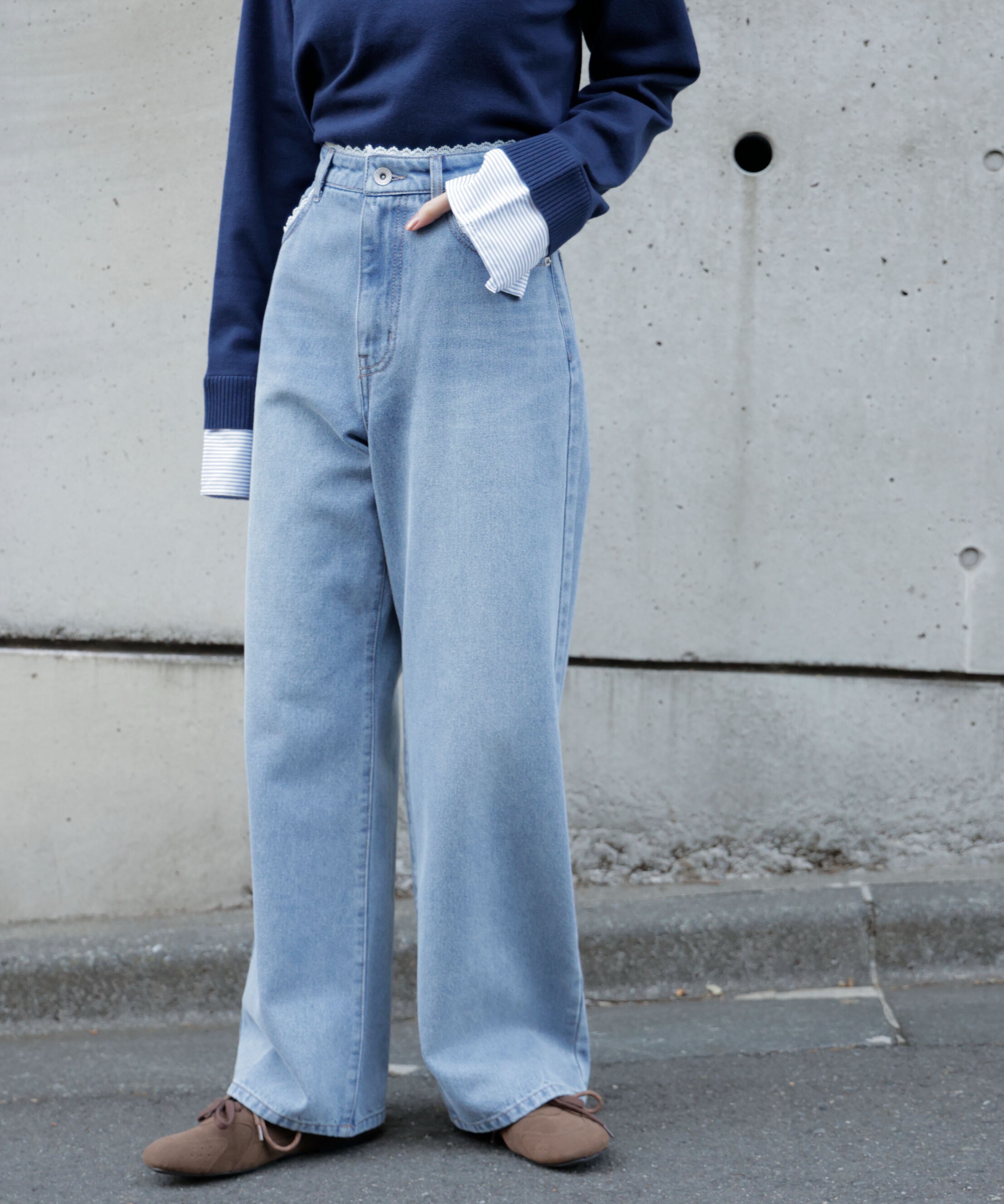  「[低身長サイズ/Sシリーズ]レーストリミングワイドストレートデニムパンツ」|その他|