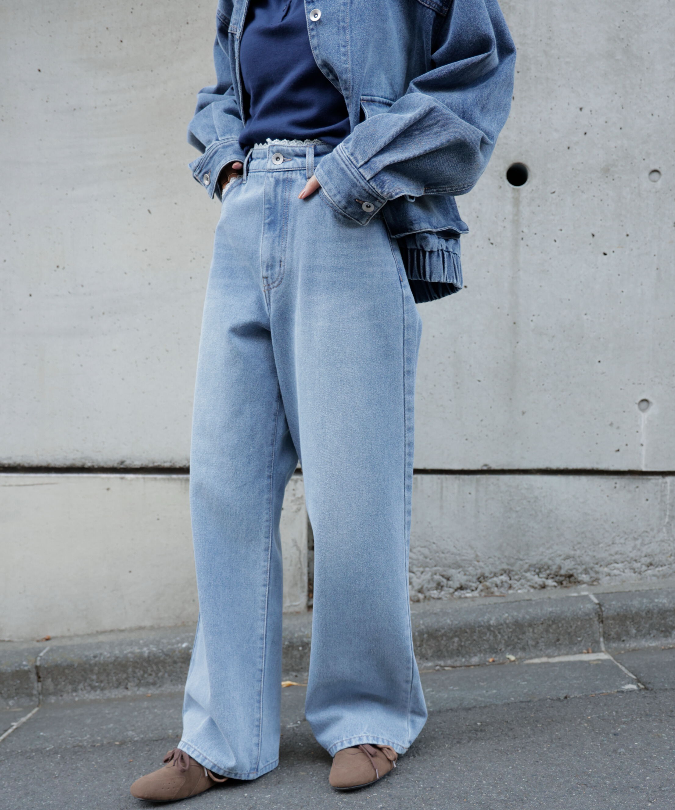  「[低身長サイズ/Sシリーズ]レーストリミングワイドストレートデニムパンツ」|その他|