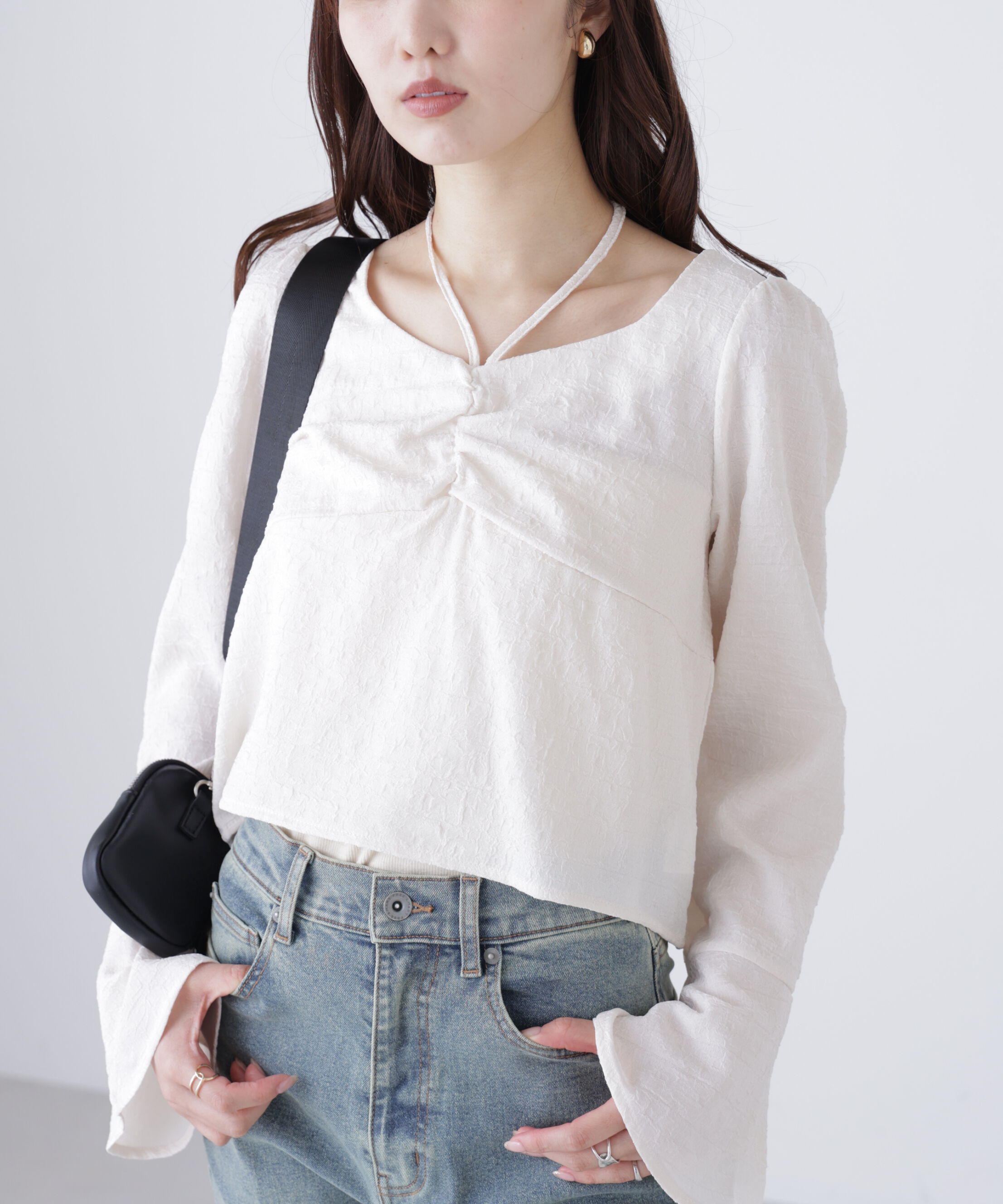  「フロントギャザーネックリボン付きブラウス」|シャツ・ブラウス|オフ