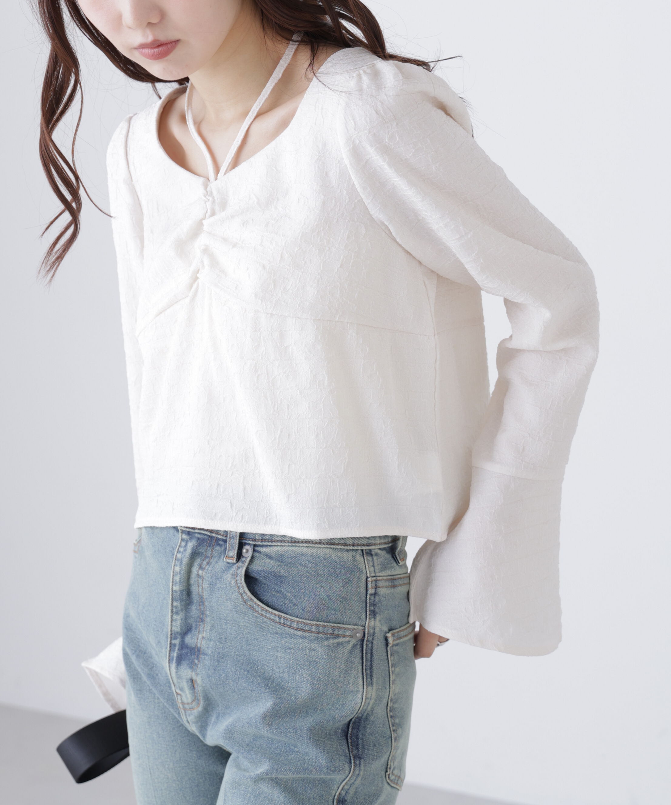  「フロントギャザーネックリボン付きブラウス」|シャツ・ブラウス|