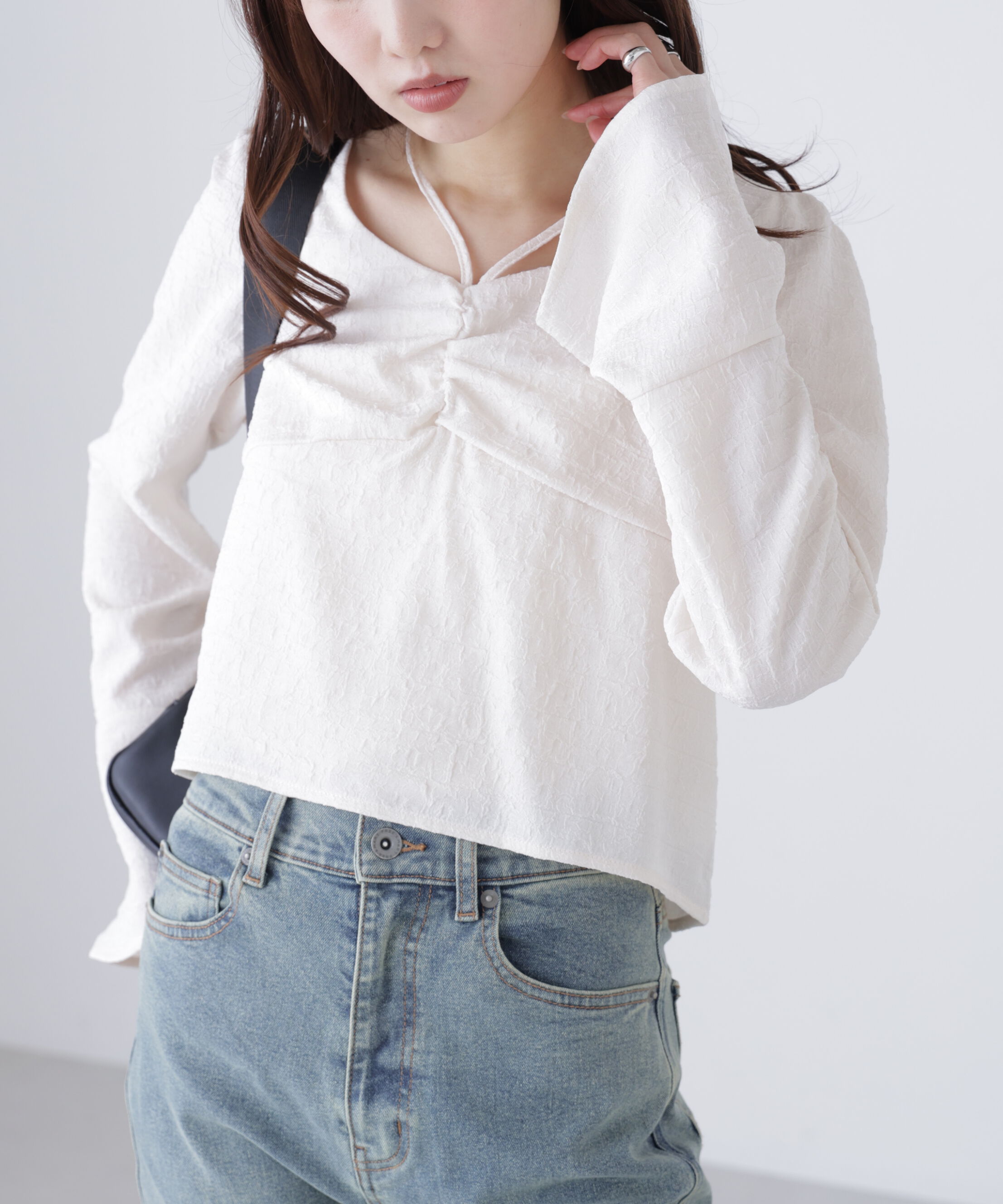  「フロントギャザーネックリボン付きブラウス」|シャツ・ブラウス|