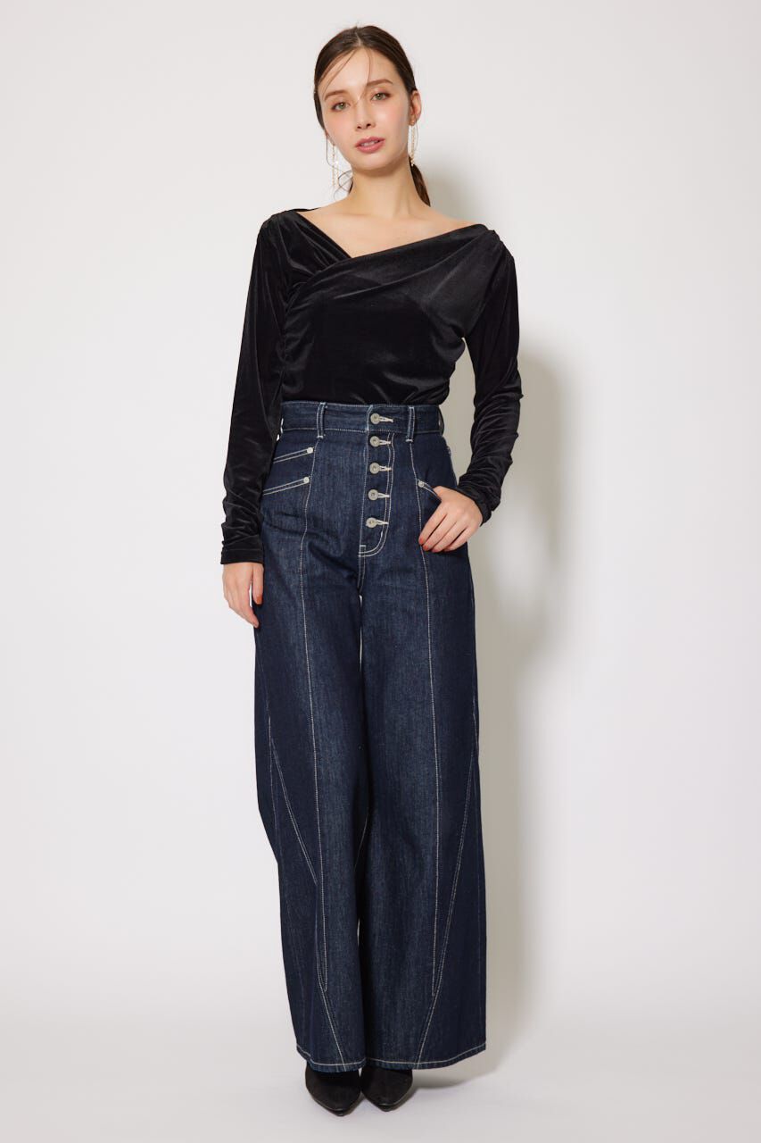 rienda「フロントボタンデザインハイウエストデニムパンツ」|デニム|