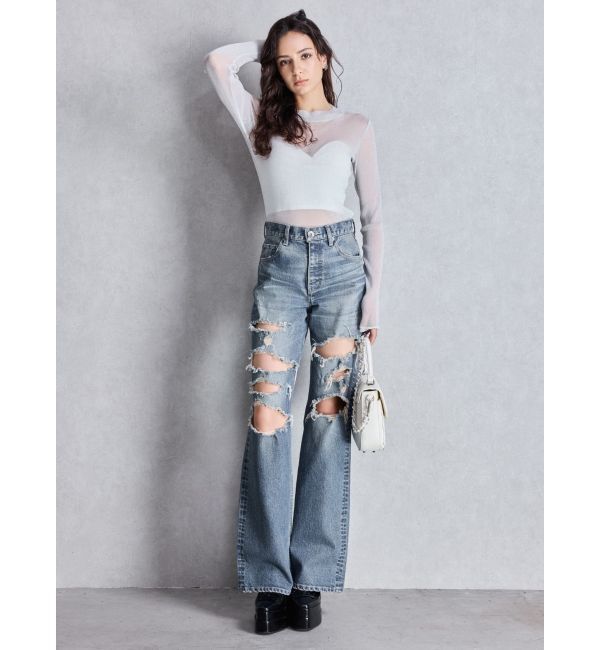 GYDA「ハイウエスト tear up damageストレートワイドデニムパンツ」|デニム|