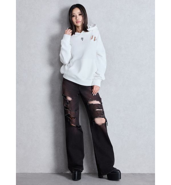 GYDA「ハイウエスト tear up damageストレートワイドデニムパンツ」|デニム|