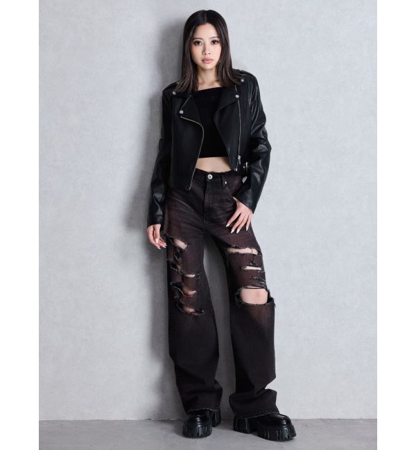 GYDA「ハイウエスト tear up damageストレートワイドデニムパンツ」|デニム|