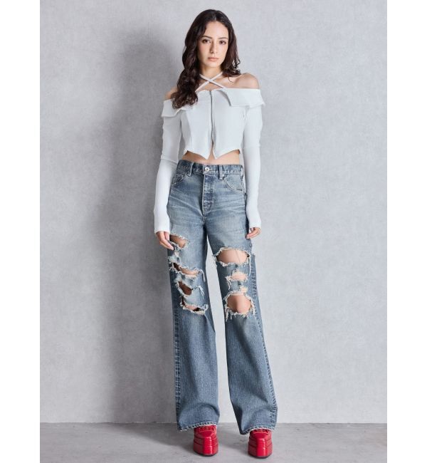 GYDA「ハイウエスト tear up damageストレートワイドデニムパンツ」|デニム|