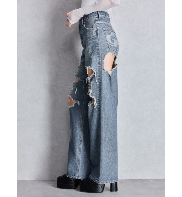 GYDA「ハイウエスト tear up damageストレートワイドデニムパンツ」|デニム|