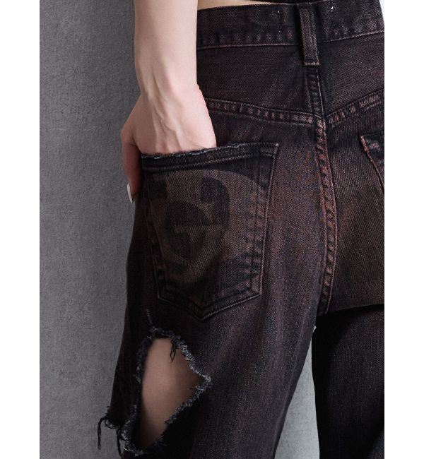 GYDA「ハイウエスト tear up damageストレートワイドデニムパンツ」|デニム|