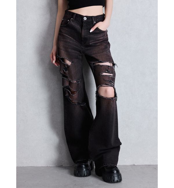 GYDA「ハイウエスト tear up damageストレートワイドデニムパンツ」|デニム|