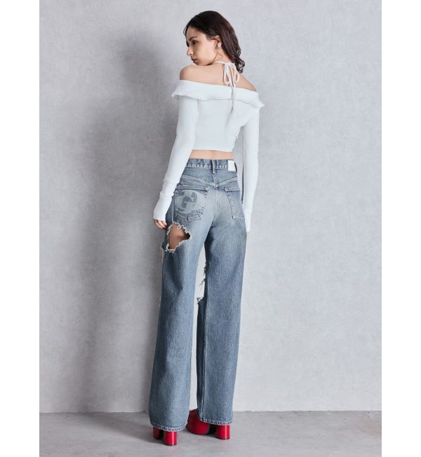 GYDA「ハイウエスト tear up damageストレートワイドデニムパンツ」|デニム|