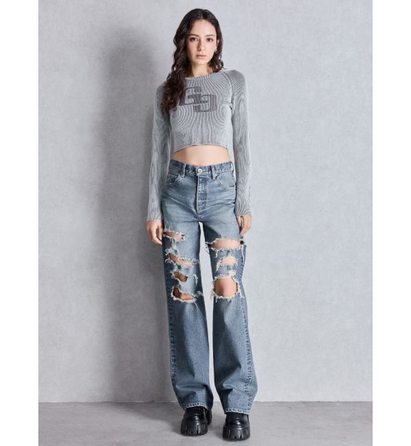 GYDA「ハイウエスト tear up damageストレートワイドデニムパンツ」|デニム|