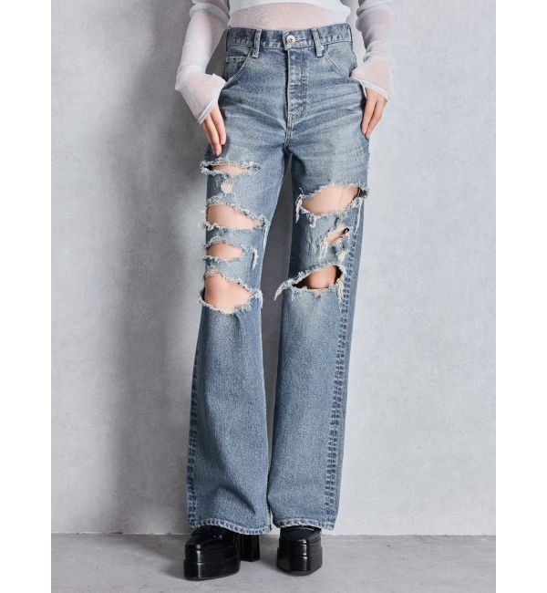 GYDA「ハイウエスト tear up damageストレートワイドデニムパンツ」|デニム|ブルー
