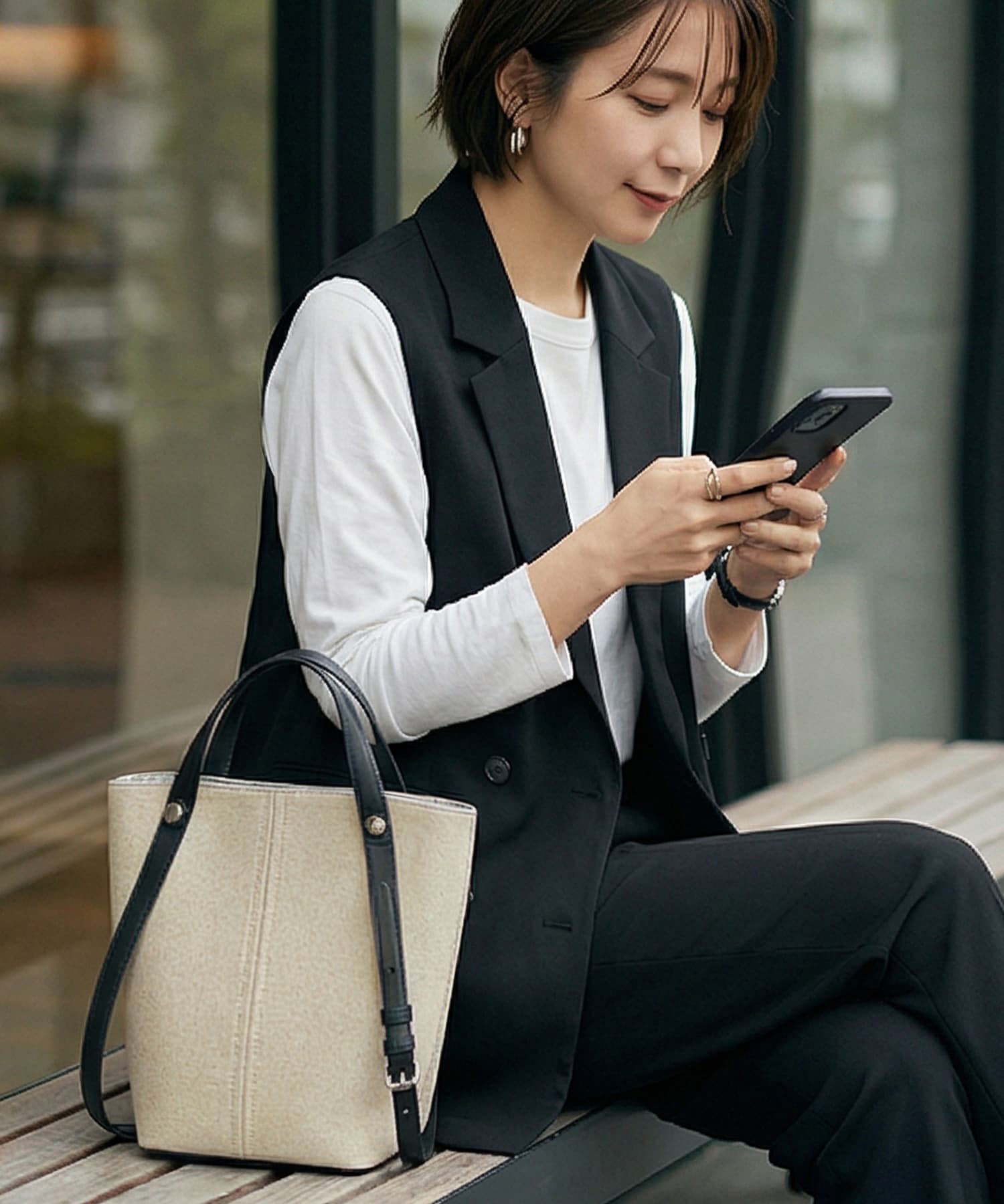 STYLE DELI「【DELI by】縦ラインキャンバス&times;リアルレザーバケットトート」|ショルダー・メッセンジャー|