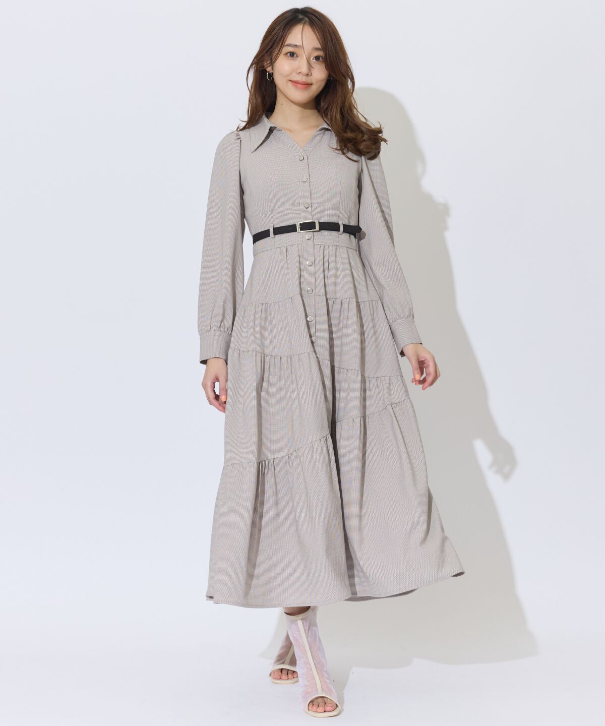 アンドクチュール「ラメ千鳥ティアードシャツワンピース」|ワンピース|