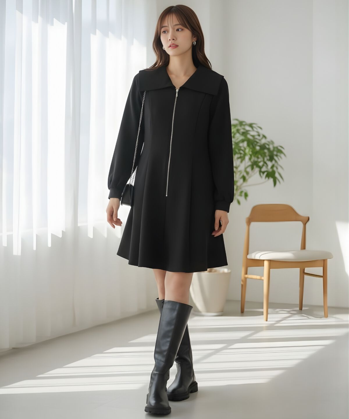 アンドクチュール「センターZIPミニワンピース」|ワンピース|ブラック