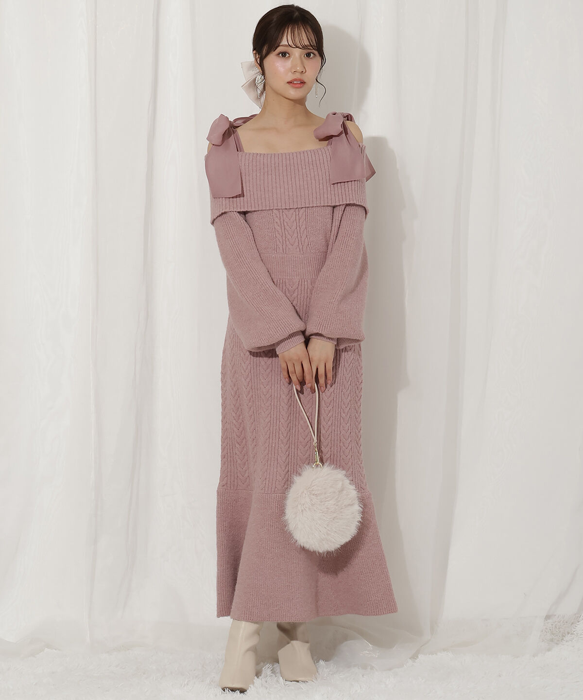 WILLSELECTION「肩リボンケーブルニットワンピース」|ワンピース|ピンク