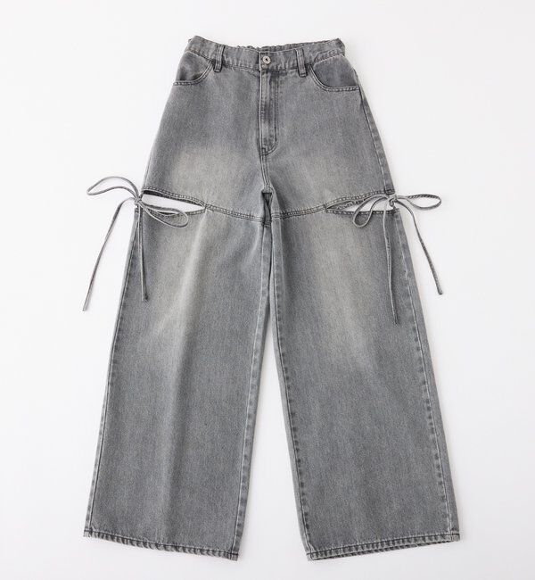  「【ウエストサイズ調整可】サイドあきリボンワイドデニム」|その他|
