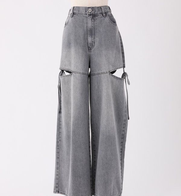  「【ウエストサイズ調整可】サイドあきリボンワイドデニム」|その他|