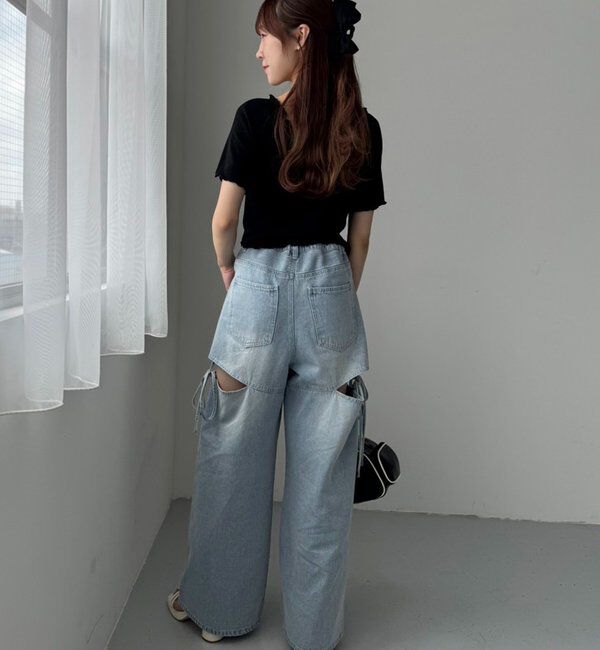  「【ウエストサイズ調整可】サイドあきリボンワイドデニム」|その他|