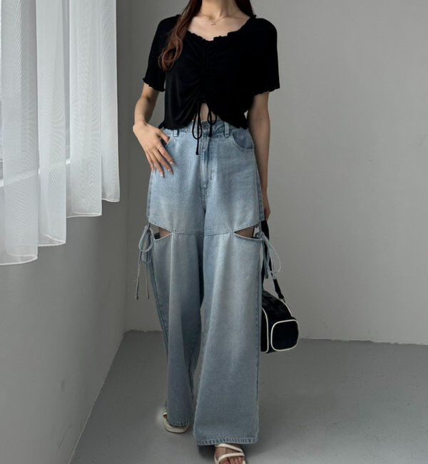  「【ウエストサイズ調整可】サイドあきリボンワイドデニム」|その他|
