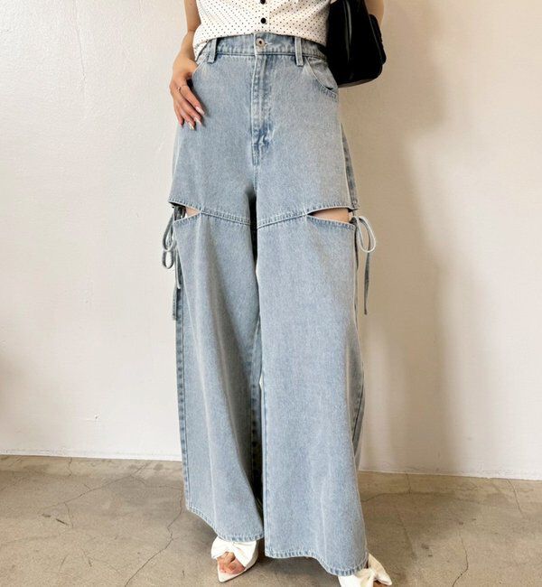  「【ウエストサイズ調整可】サイドあきリボンワイドデニム」|その他|