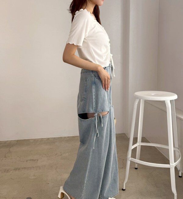  「【ウエストサイズ調整可】サイドあきリボンワイドデニム」|その他|