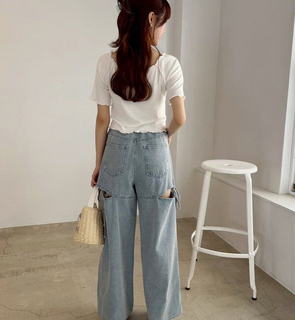  「【ウエストサイズ調整可】サイドあきリボンワイドデニム」|その他|