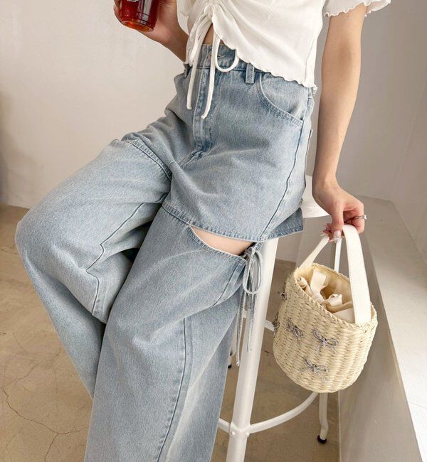  「【ウエストサイズ調整可】サイドあきリボンワイドデニム」|その他|