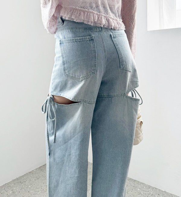 「【ウエストサイズ調整可】サイドあきリボンワイドデニム」|その他|