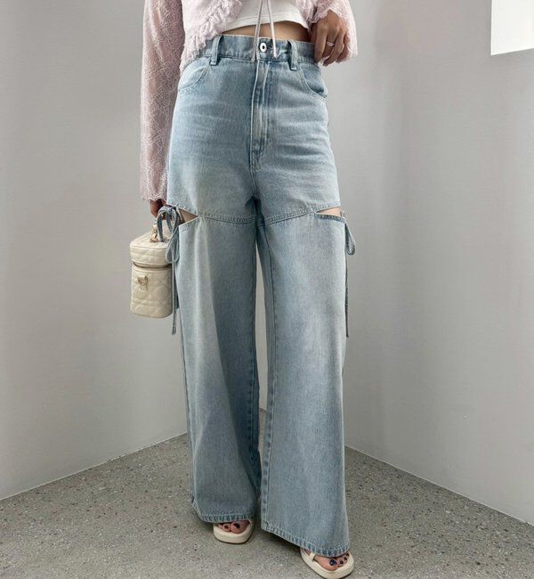  「【ウエストサイズ調整可】サイドあきリボンワイドデニム」|その他|