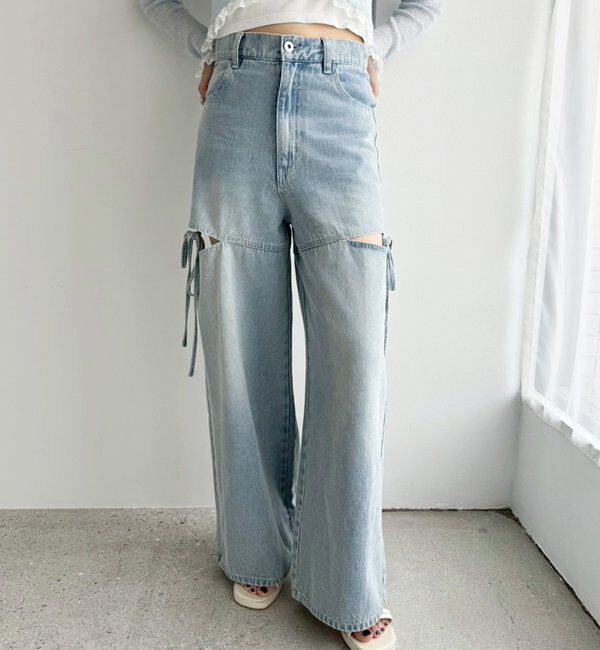  「【ウエストサイズ調整可】サイドあきリボンワイドデニム」|その他|