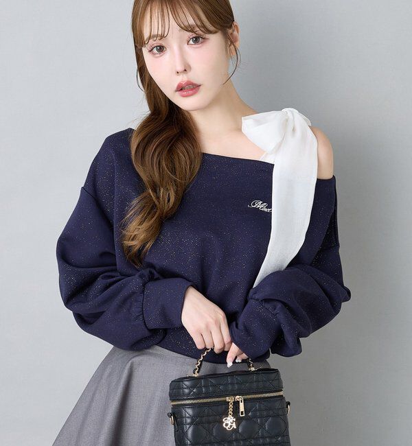  「肩リボン刺繍入りラメトップス」|プルオーバー|ネイビー