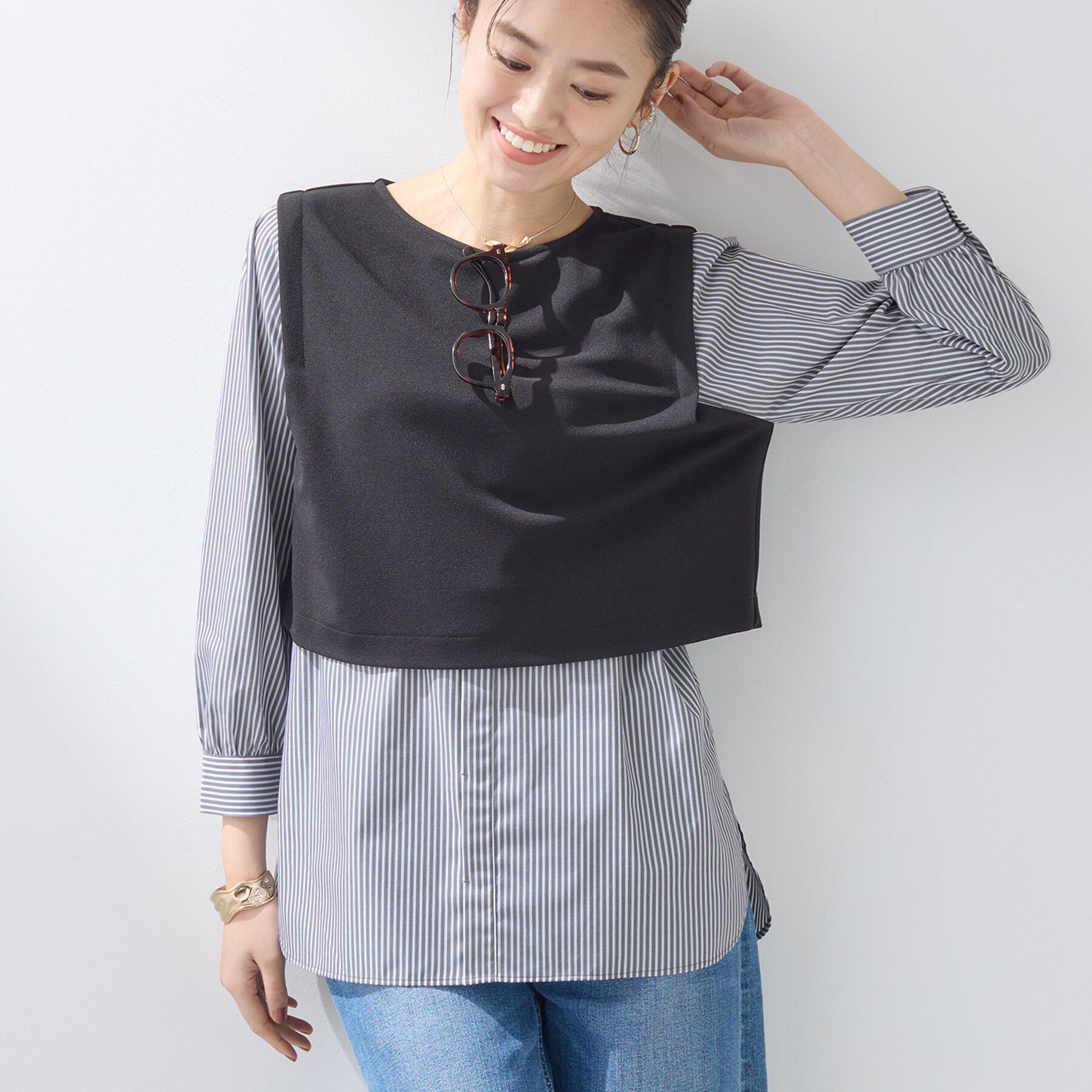 INDIVI「【洗える／UVケア】レイヤード風デザイントップス」|Tシャツ・カットソー|ブラック(019)