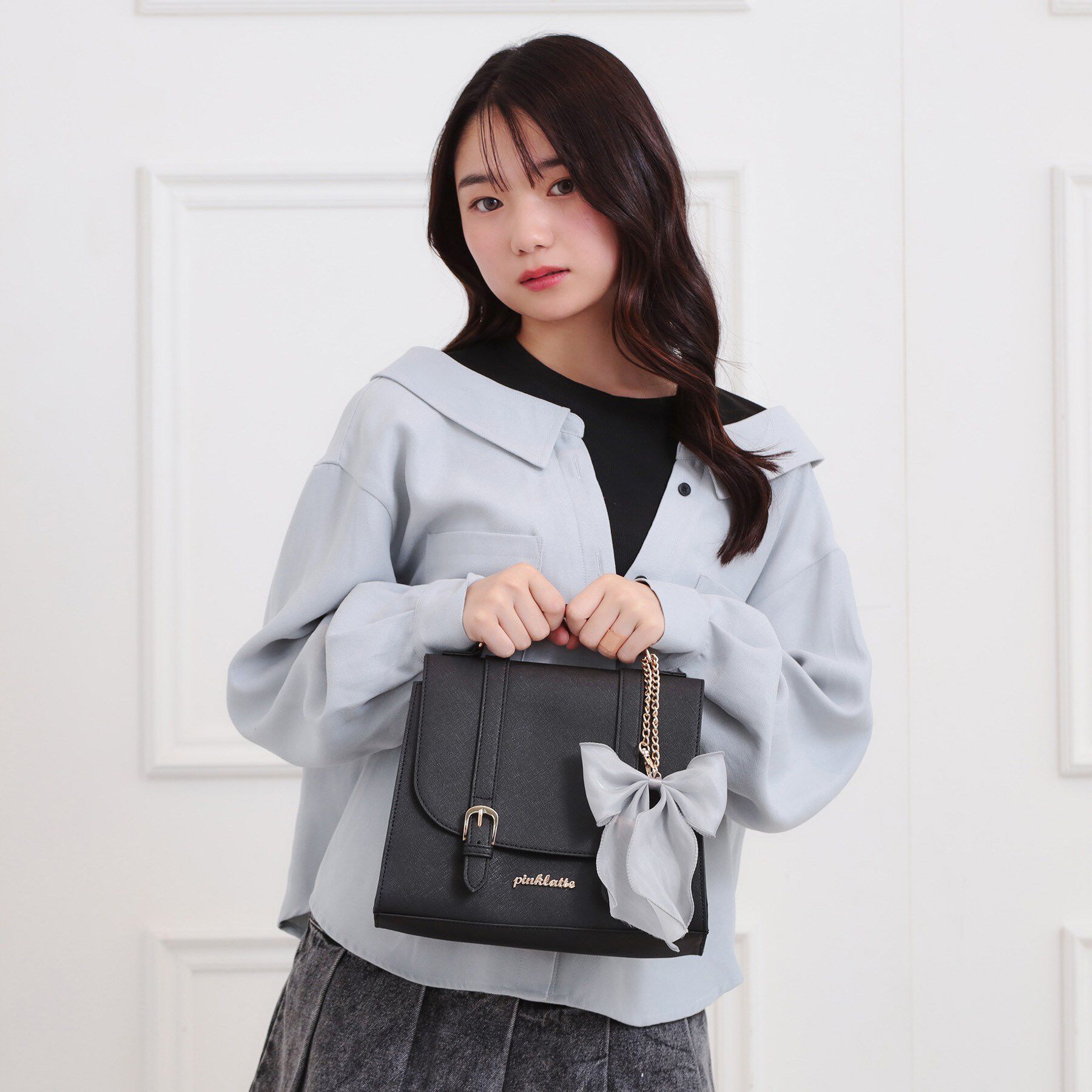 PINK-latte「◆リボンチャーム付きガーリーサッチェル」|ショルダー・メッセンジャー|ブラック(019)