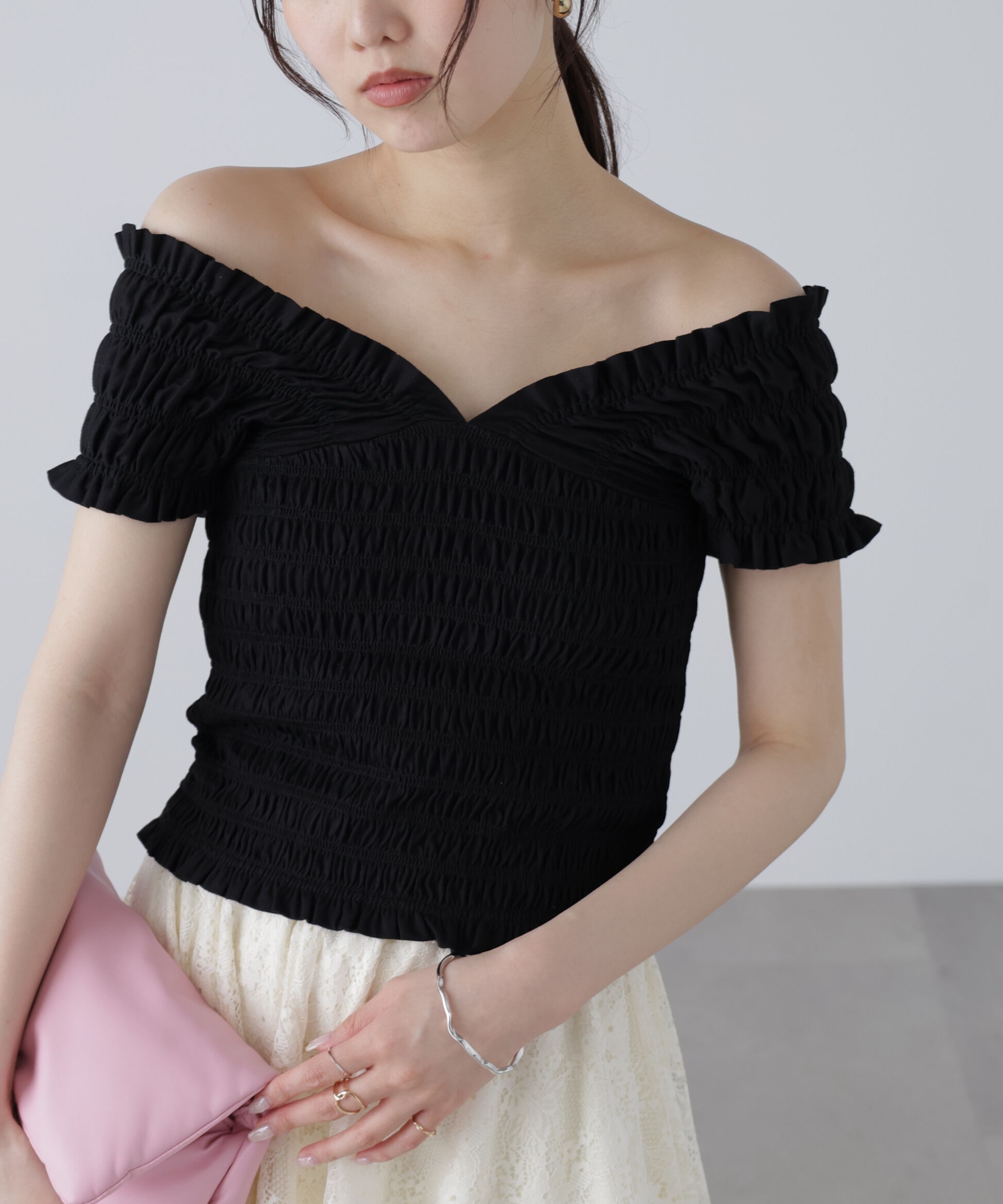  「2wayシャーリングオフショルカットソー」|Tシャツ・カットソー|ブラック