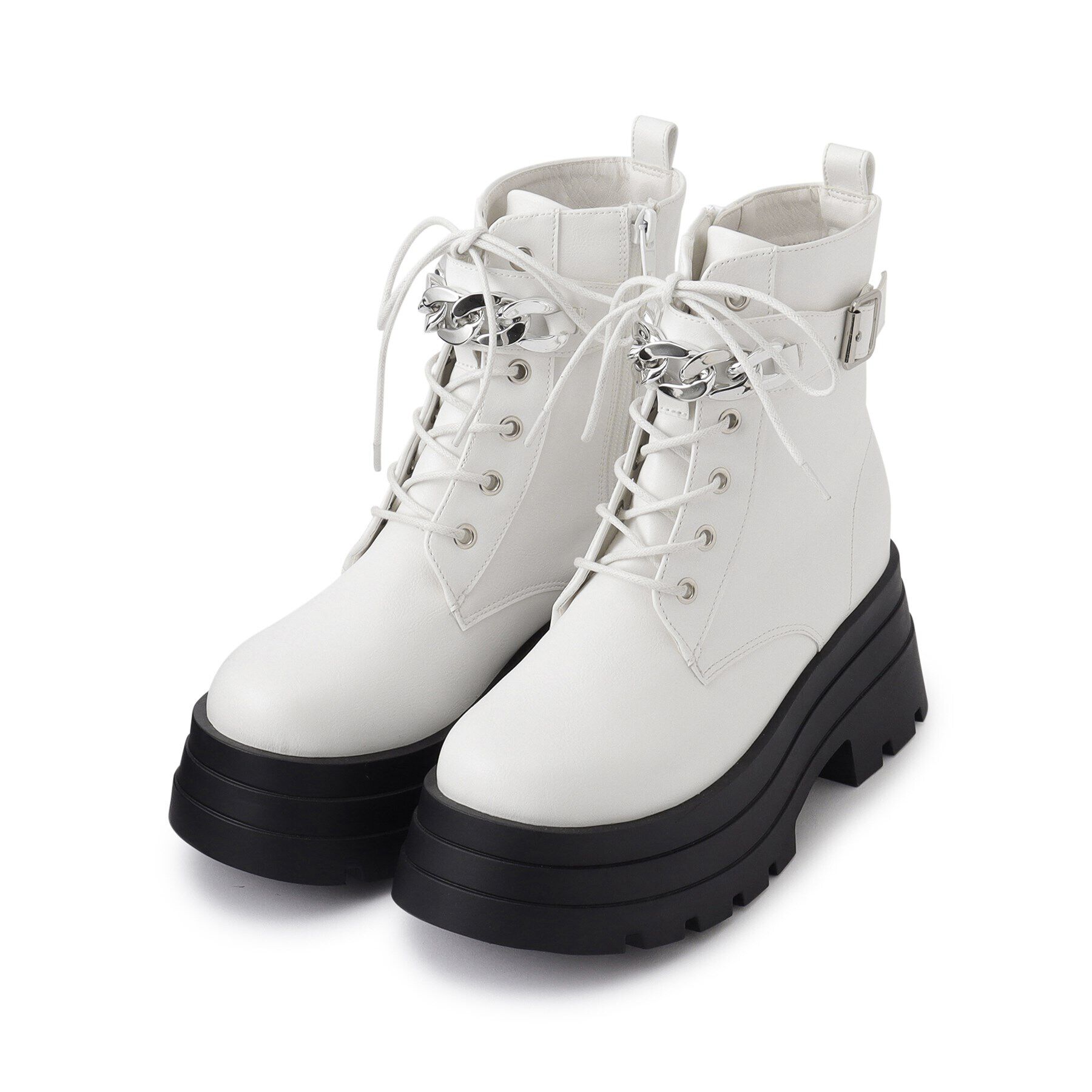 csT&P「厚底3段ソールチェーン付き ベルト付きレースアップブーツ」|ショートブーツ|ホワイト(001)