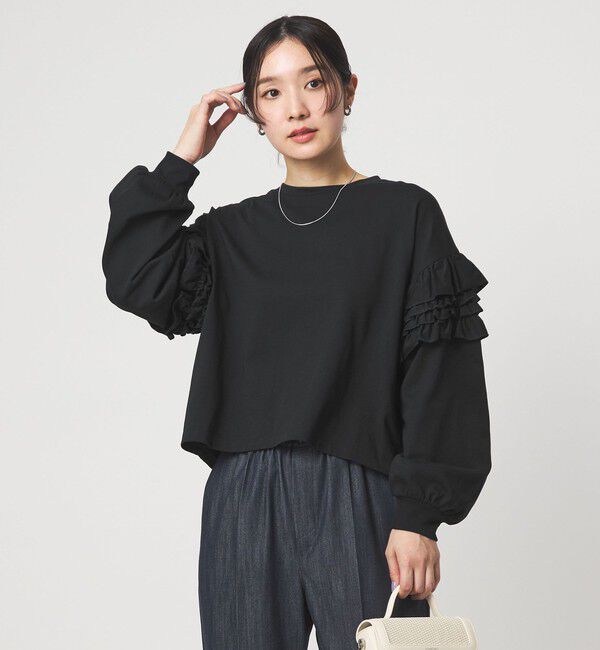 UNITED ARROWS green label relaxing「【WEB限定】＜at ease＞袖フリル プルオーバー カットソー」|Tシャツ・カットソー|BLACK