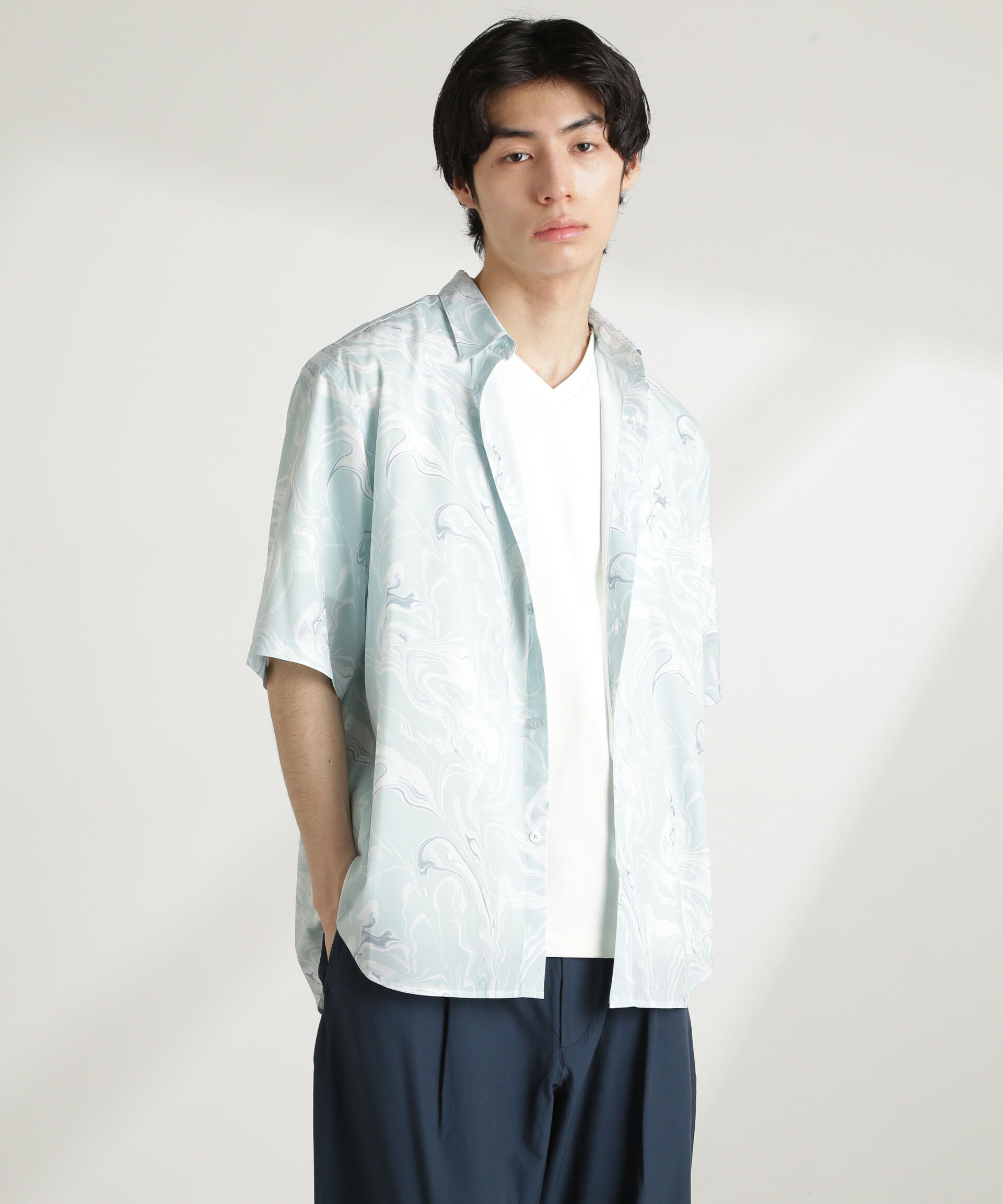 nano･universe「マーブルパターンシャツ 半袖」|シャツ・ブラウス|L.グリーン