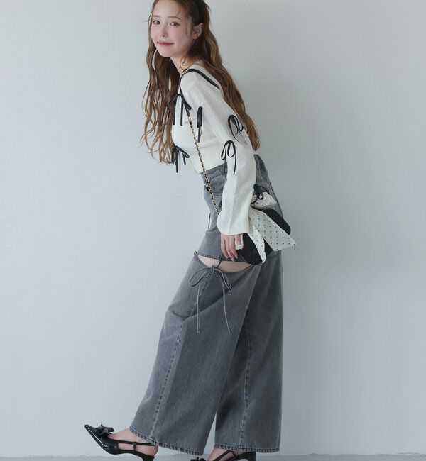  「【ウエストサイズ調整可】サイドあきリボンワイドデニム」|その他|