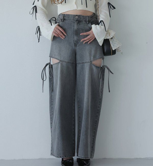  「【ウエストサイズ調整可】サイドあきリボンワイドデニム」|その他|
