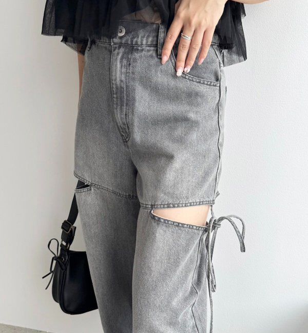  「【ウエストサイズ調整可】サイドあきリボンワイドデニム」|その他|