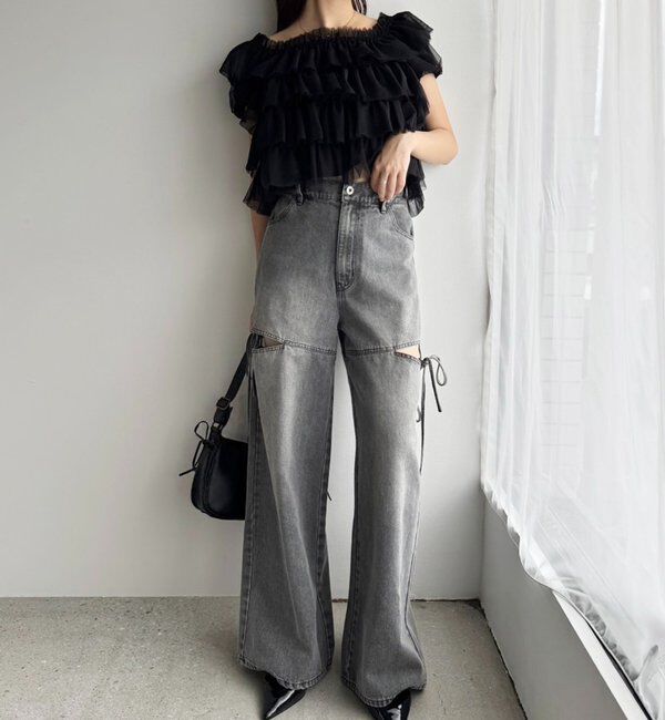  「【ウエストサイズ調整可】サイドあきリボンワイドデニム」|その他|