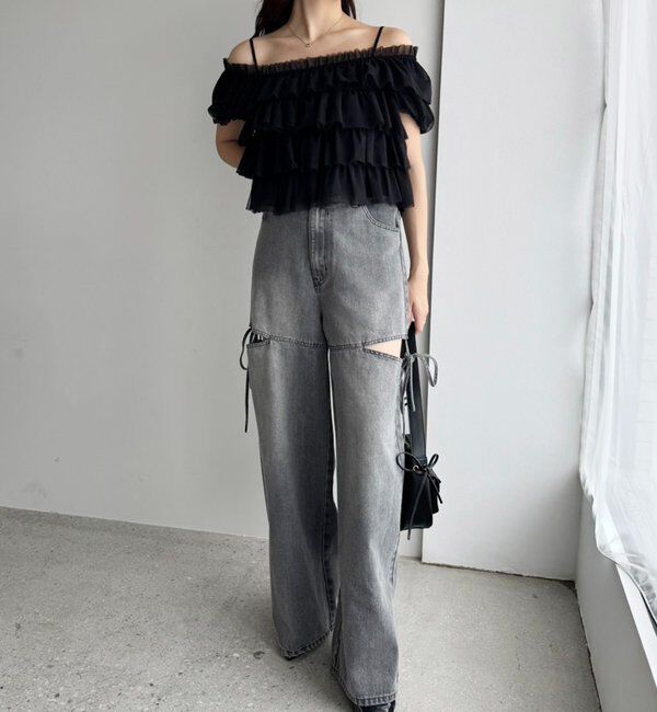  「【ウエストサイズ調整可】サイドあきリボンワイドデニム」|その他|