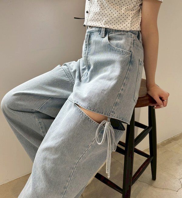  「【ウエストサイズ調整可】サイドあきリボンワイドデニム」|その他|