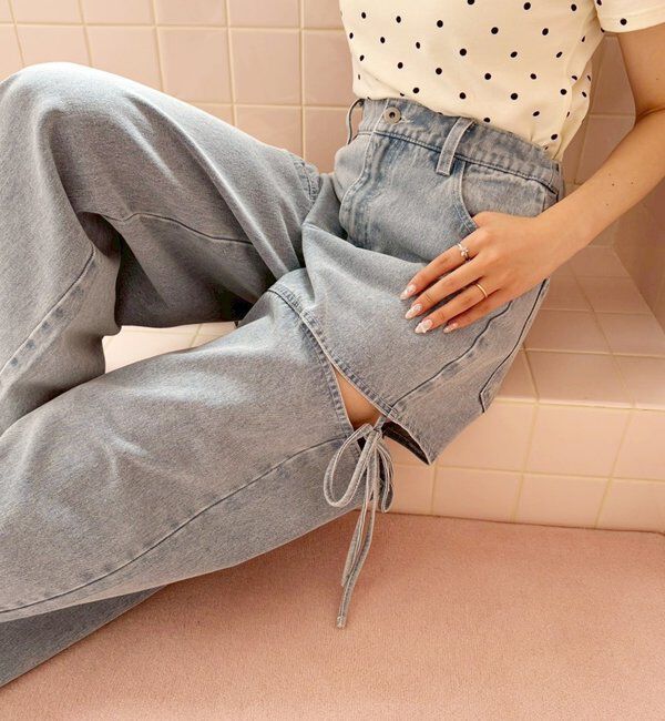  「【ウエストサイズ調整可】サイドあきリボンワイドデニム」|その他|