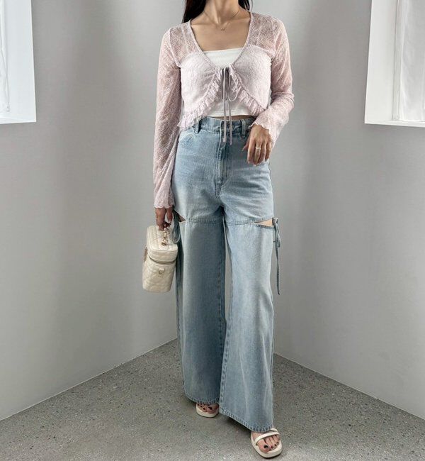  「【ウエストサイズ調整可】サイドあきリボンワイドデニム」|その他|