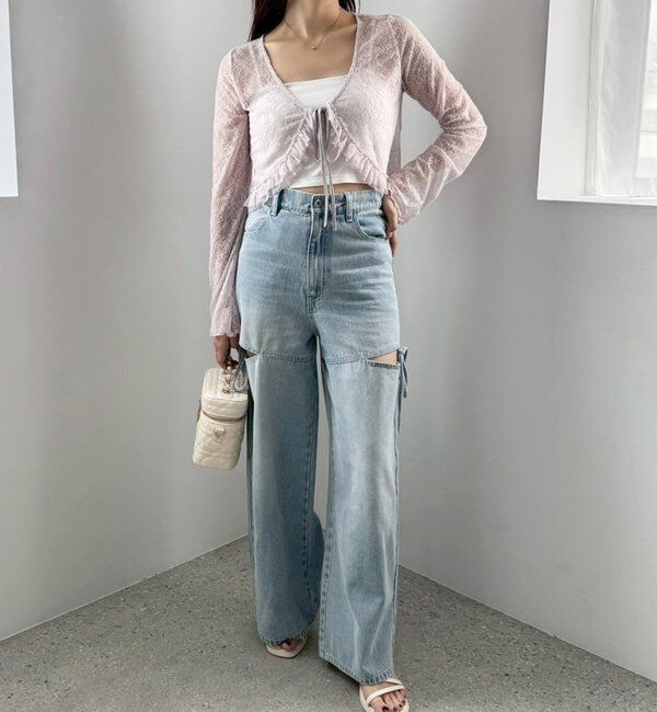  「【ウエストサイズ調整可】サイドあきリボンワイドデニム」|その他|